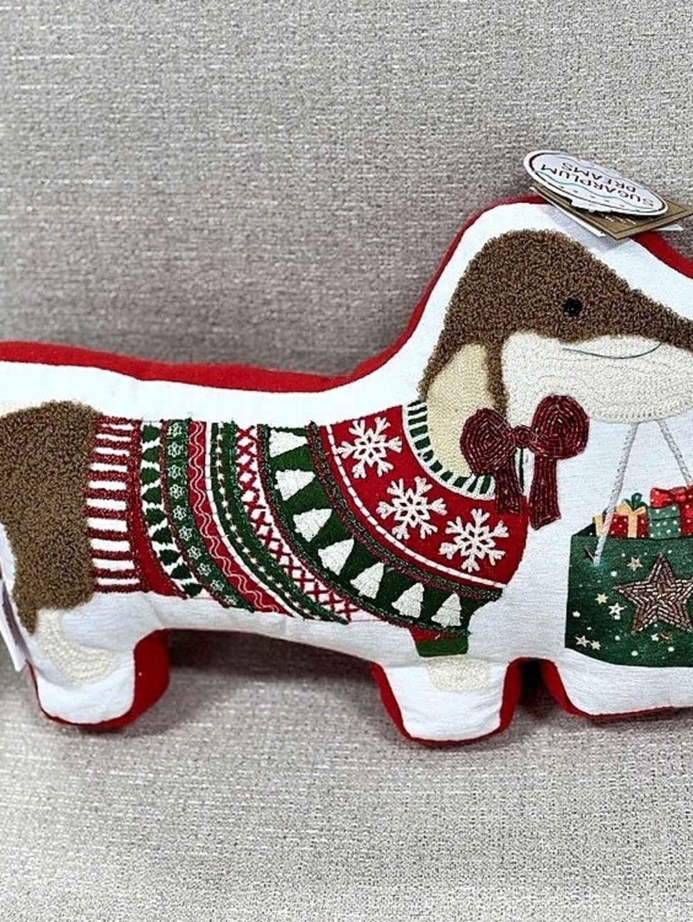 Sugarplum Dreams Dachshund Christmas Sweater Shaped Throw Pillow